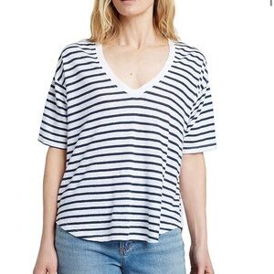 Faherty Womens Medium Linen V-Neck Tee Short Navy Blue White Stripe Short Sleeve